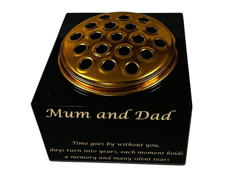 Memorials Direct Granite Rectangle-Shaped Memorial Vase, Premium Black with Gold Metal Flower Pot Insert- 6x6x4 Inches