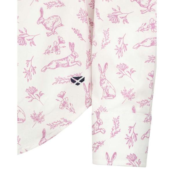 Close-up of the Hoggs of Fife Hare Ladies Print Shirt showing pink hare print, embroidered logo detail and button cuff