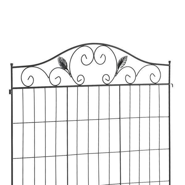 Black metal wire fence panel with arched scrollwork top and grid mesh