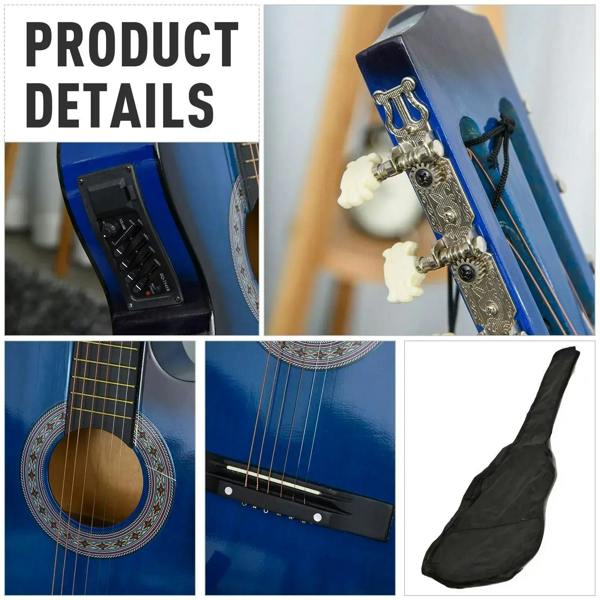 Blue acoustic electric classical guitar detail showing sound hole rosette and strings.