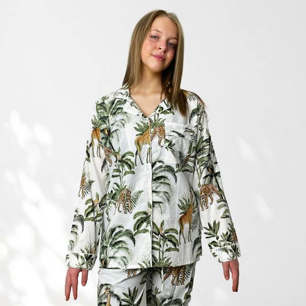 Hayley & Co Giraffe Print 100% Cotton Long Pyjama Set in White