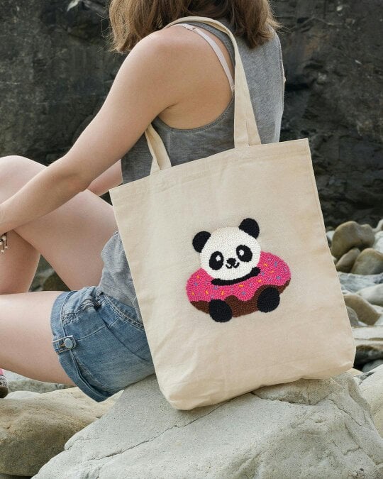 Panda Doughnut Embroidered Cotton Canvas Tote Bag