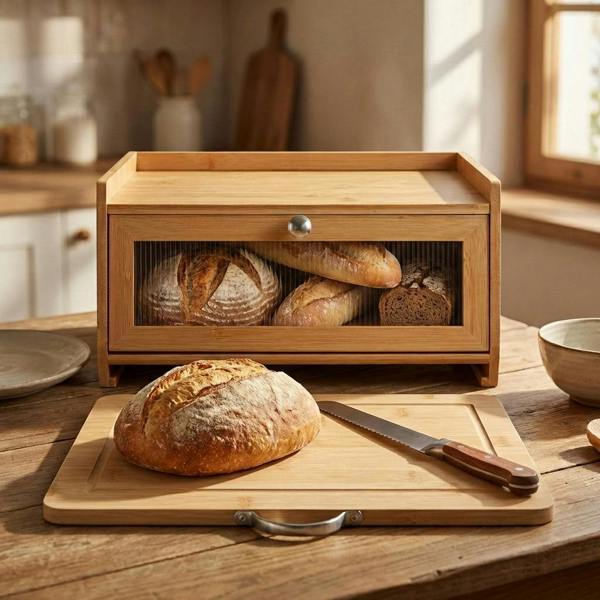Maison des Cadeaux Bamboo Bread Box with Slide-Out Chopping Board