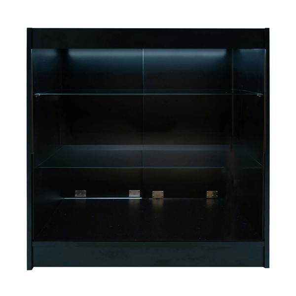 Astro LED Shop Counter Set in black, featuring sleek glass shelves and a modern design, ideal for showcasing products in retail spaces