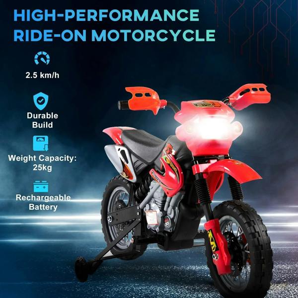 Red kids electric ride-on motorbike with glowing headlight and black seat