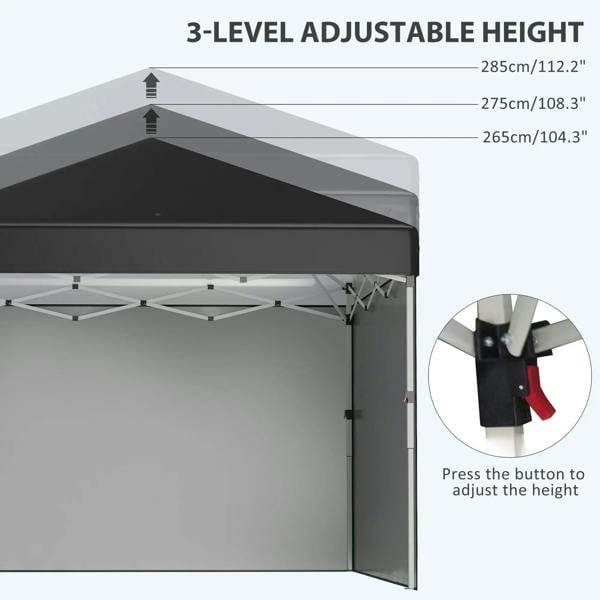 Black pop up gazebo tent with 3-level adjustable height canopy and side panel