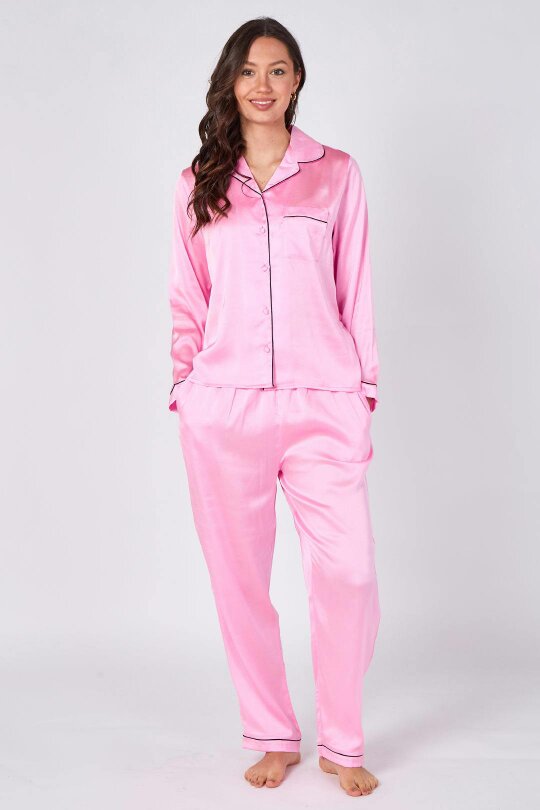 Elaina Fashion Women's Pink Satin Pyjama Sleepwear Set with pockets- Long Sleeves Soft