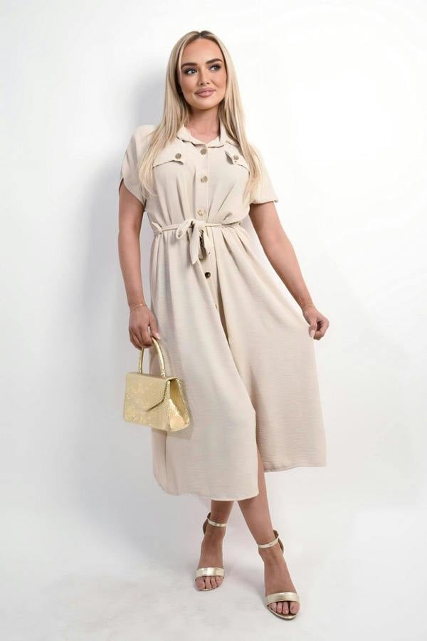 Annie Collared Button Down Short Sleeve Tie Waist Midi Dress - Beige