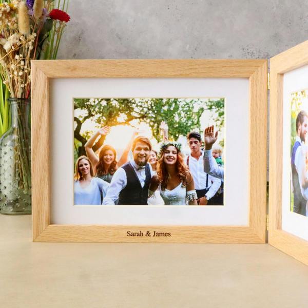 MijMoj Design Personalised Solid Oak Three Aperture Hinged Picture Frame - Natural Finish