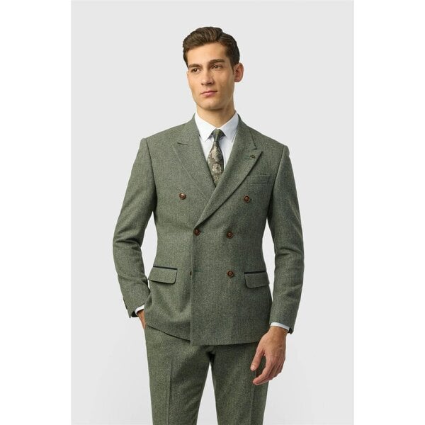 Antique Rogue Slim Fit Baxter Sage Double Breasted Herringbone Jacket