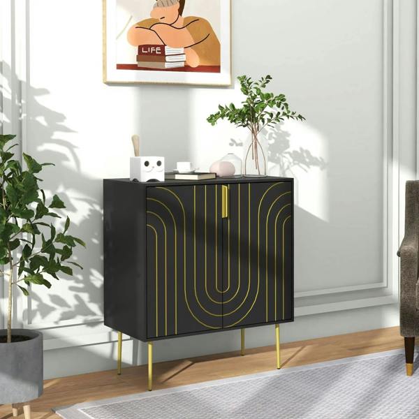 Black sideboard cabinet with gold-tone art deco curved doors and slender gold metal legs