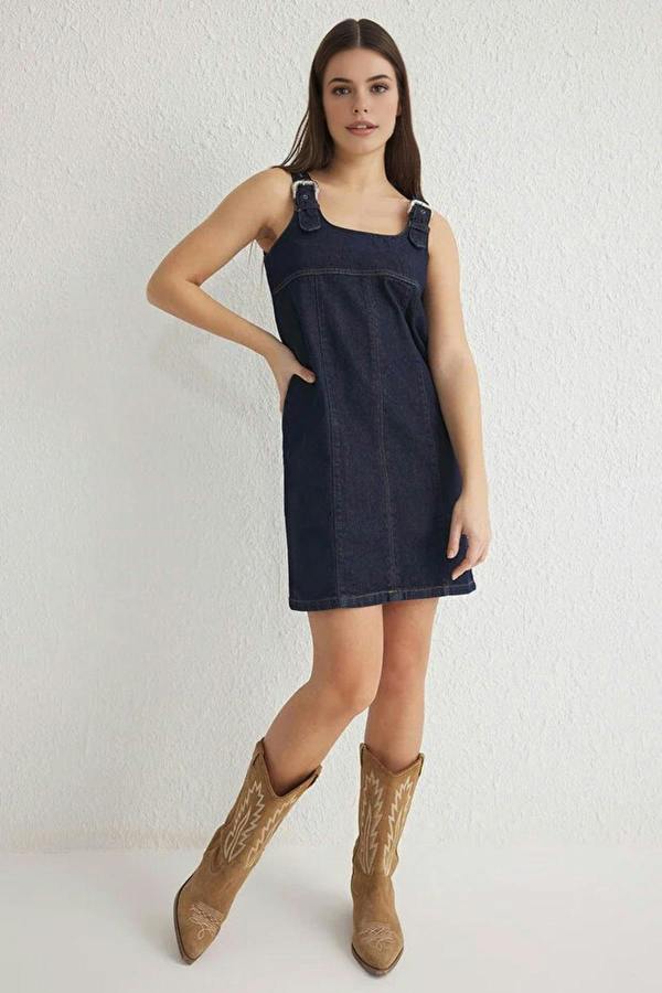WOVCOR Blue Buckled Adjustable Strap Mini Denim Dress
