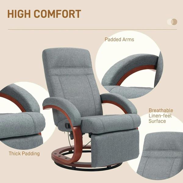 Grey recliner swivel chair with padded arms and breathable fabric, comfort feature callouts