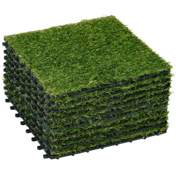 10-Piece Artificial Grass Set, Weatherproof Turf Tiles, 25mm Pile Height, Outdoor Carpet for Garden, Balcony & Patio, 30 x 30cm, Dark Green