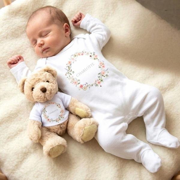 Personalised Wild Flower Name Baby Gift Box - Teddy & Vest