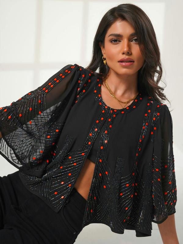 Rose & Nancy Anna Black Cape Sleeve Hand Beaded Top