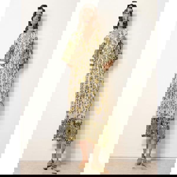 Blue Vanilla V Neck Border Print Maxi Dress