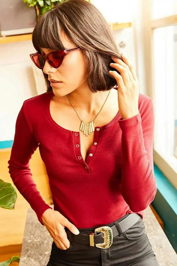 Hoxton Gal Button Placket Ribbed Blouse
