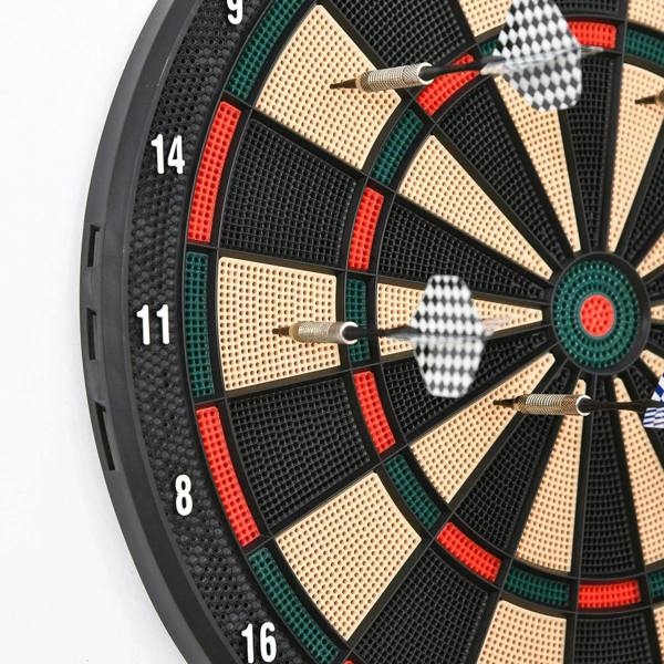 Darts in a black electronic dartboard with beige segments, red and green accent rings
