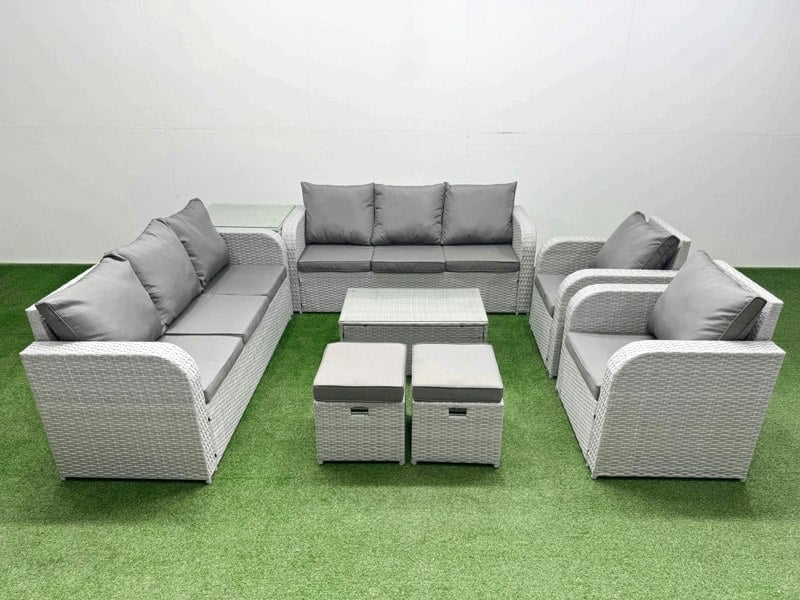 Fimous PE Rattan High Back Lounge Sofa Set Patio Coffee Table & Chairs Set with 3 Seater Sofa Reclining Chair Stools Side Table Light Grey