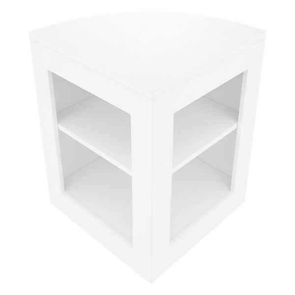 Polaris LED shop counter set in white, featuring a sleek corner design with two open shelves for storage and display