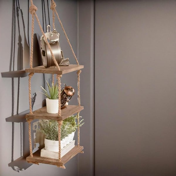 Rafaelo Mobilia 3 Tier Wooden Hanging Shelves With Rope Detail