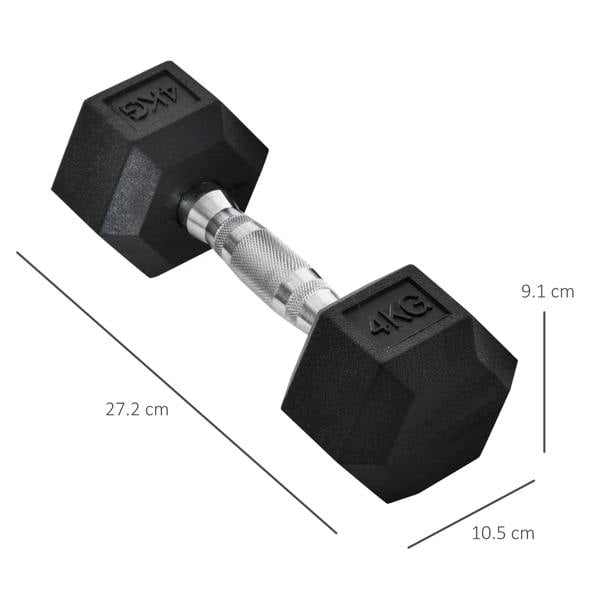Black 4 kg hex rubber dumbbell with chrome handle and knurled grip; size markings