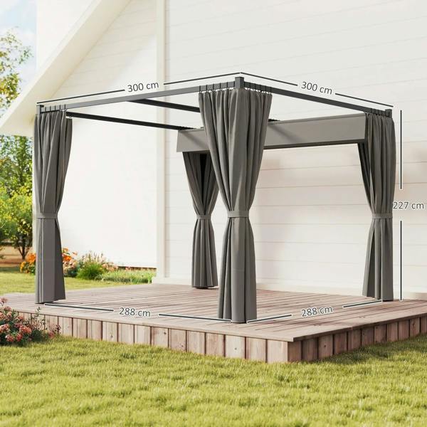 Grey metal pergola with four posts and center gathered curtain panel