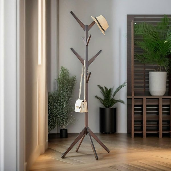 Rafaelo Mobilia Wooden Coat Stand With 8 Hooks Natural Brown