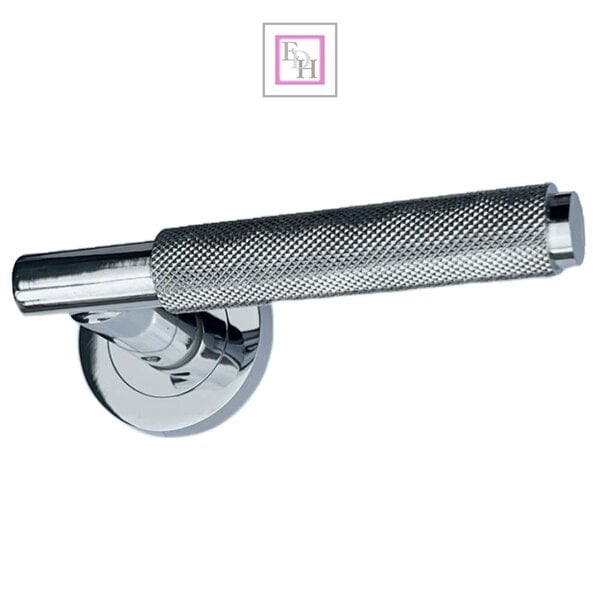 EDH Door Hardware Polished Chrome Knurled Door Handles on Round Rose – Modern Internal Lever Latch Handles