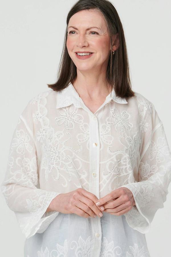 White | Floral Embroidered Long Sleeved Shirt