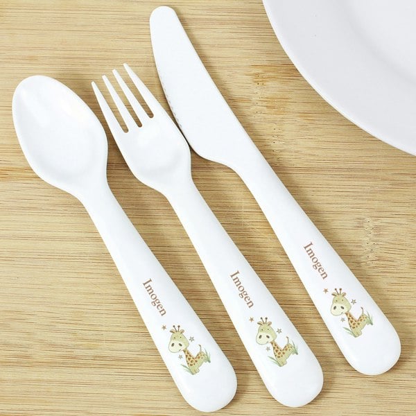 Personalised Memento Company Personalised Hessian Giraffe 3 Piece Plastic Cutlery Set