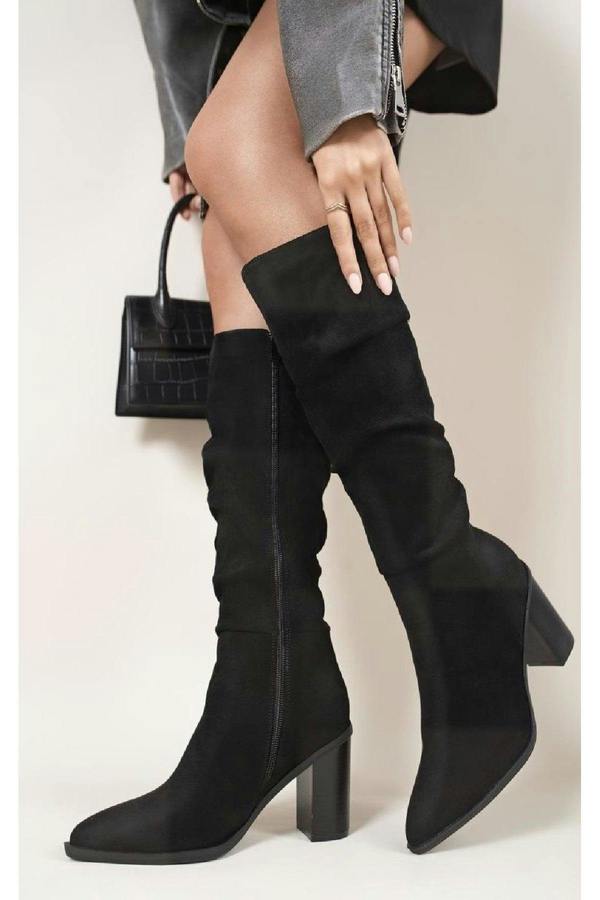 Anaya Knee High Block Heel Boots With Side Zip Closure - Black