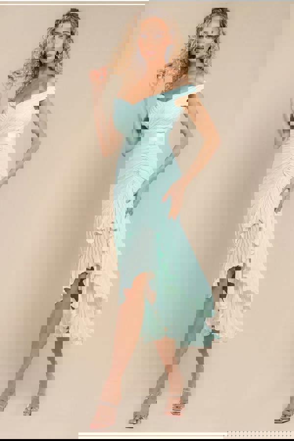 Pleated Bardot High Low Tier Chiffon Midaxi Dress - Mint Green DR4272