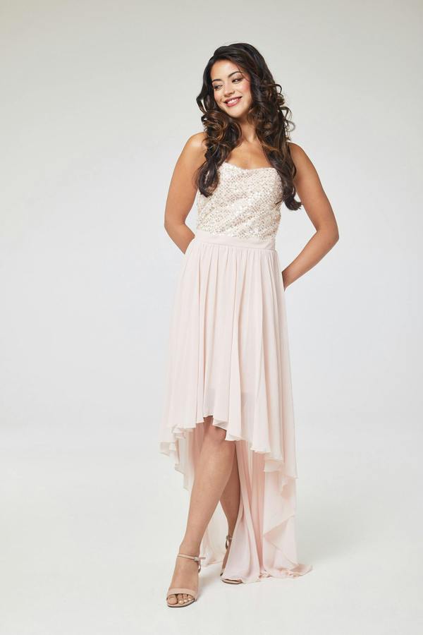 LuvForever Pink Sequin Asymmetric Long Dress
