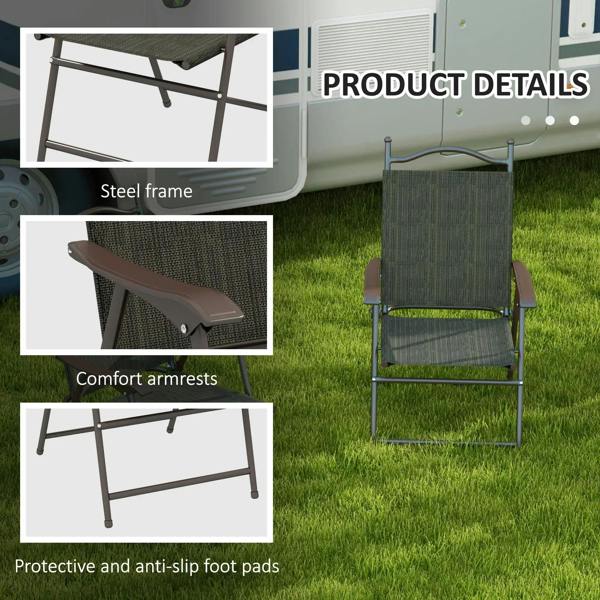 Folding garden chairs showing steel frame, comfort armrests, and anti-slip foot pads