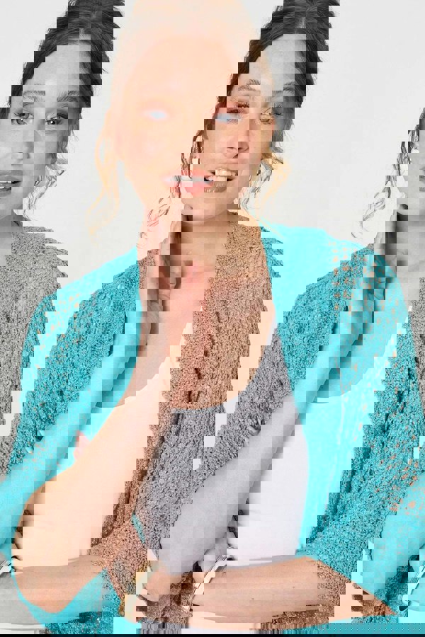 Turquoise | Crochet Knit Texture Waterfall Cardigan
