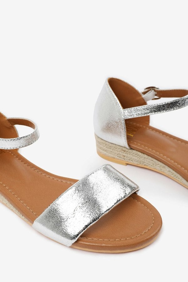 Where's That From Eleanor Low Wedge Shoes With Adjustable Ankle Strap in Silver Metallic Faux Leather