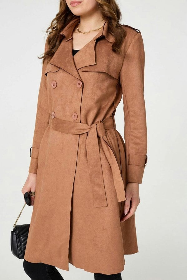 Tan | Faux Suede Button Front Trench Coat
