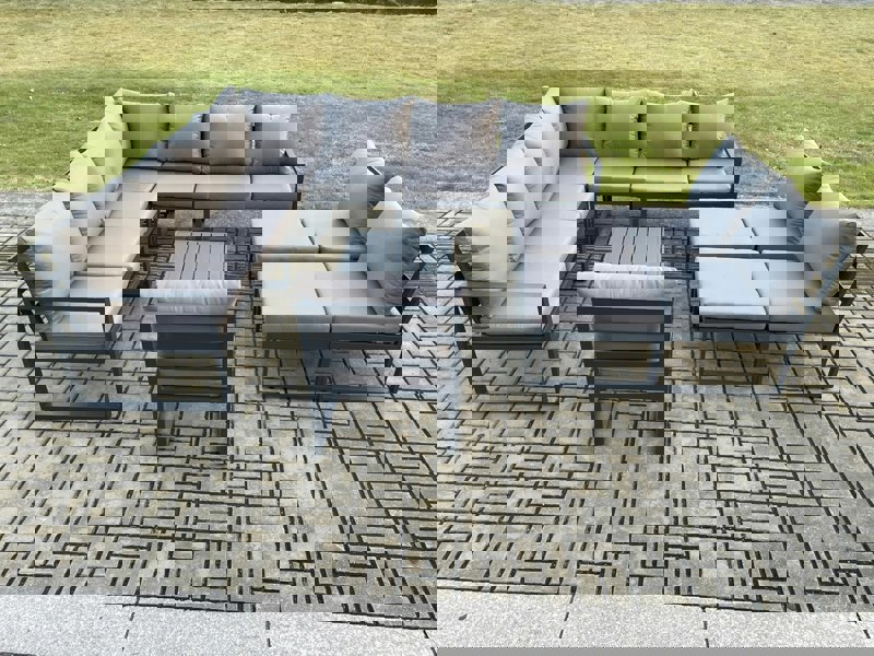 Fimous 12 Seater Outdoor Aluminium Garden Furniture Set Corner Lounge Sofa Set with Square Coffee Table 2 Big Footstools Dark Grey