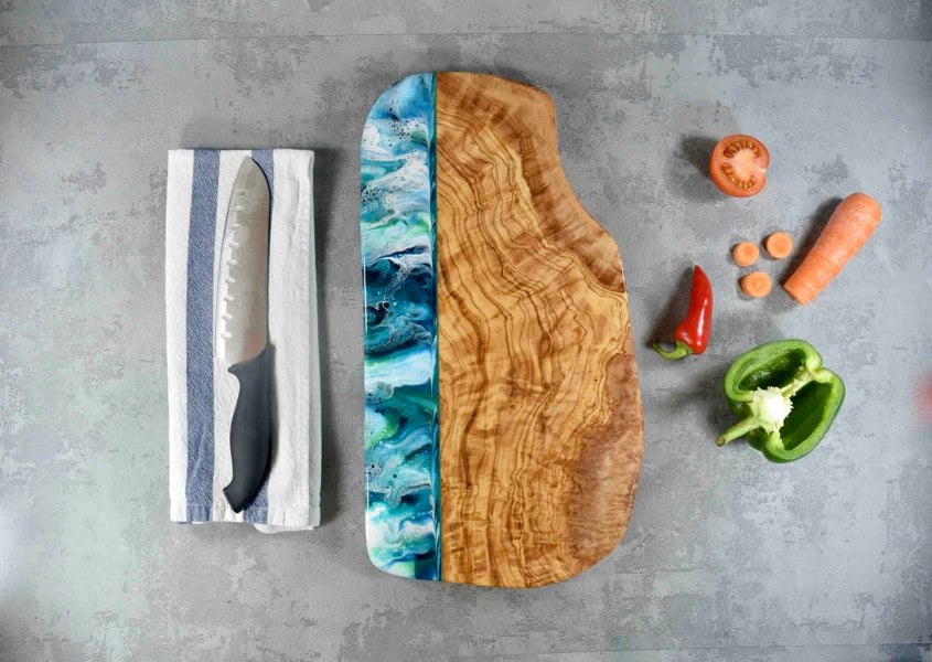 Large Rustic Olive Wood Board with Ocean Blue Resin Art 40cm 