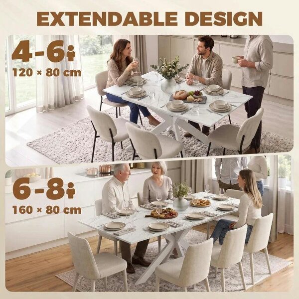 Extendable Dining Table Steel Cross Legs Steel Rails Space Saving White