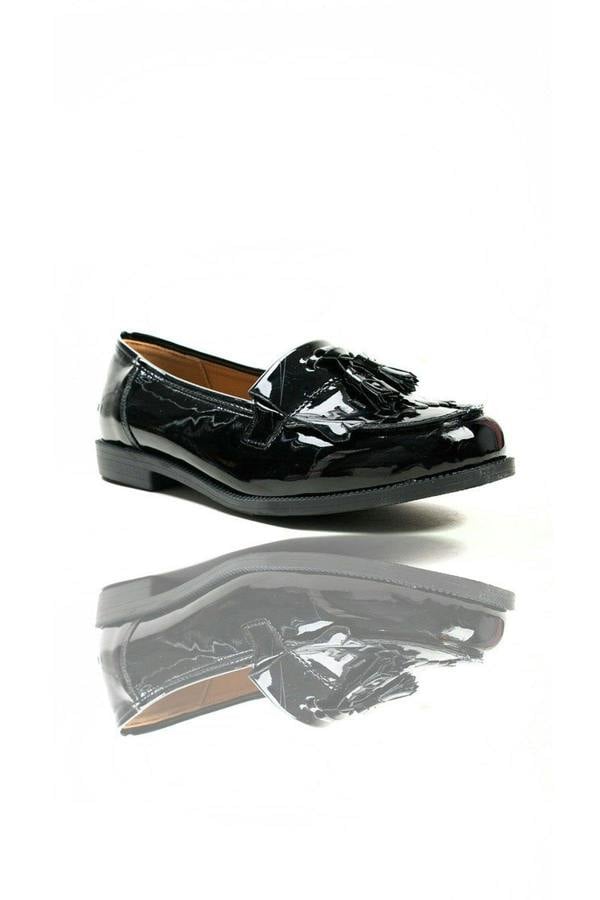 Liana Patent Tassel Brogue Flats - BLACK