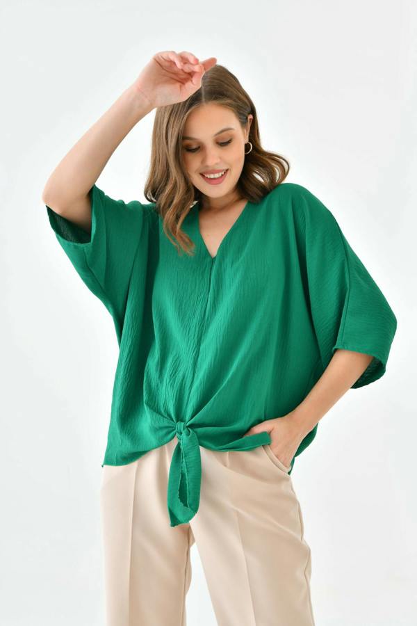 Hoxton Gal Oversized V Neck Tie Front Detailed Blouse with 3/4 Sleeves in Green