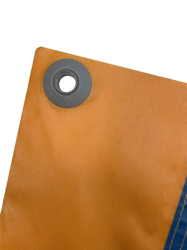 Close up view of a grey plastic eyelet fitted to an orange tent canvas, comes as a pack of tent, ideal for extra eyelets on tents, campervan awnings, caravan awnings or any Tarpaulin.