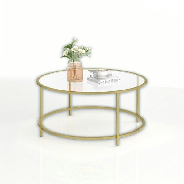 Modcraft Round Glass Coffee Table with Gold Metal Frame – Modern Living Room Centre Table