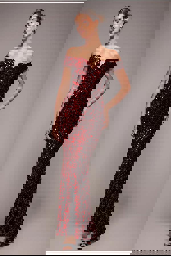 Sequin Velvet Bardot Evening Maxi Dress - Red DR4525