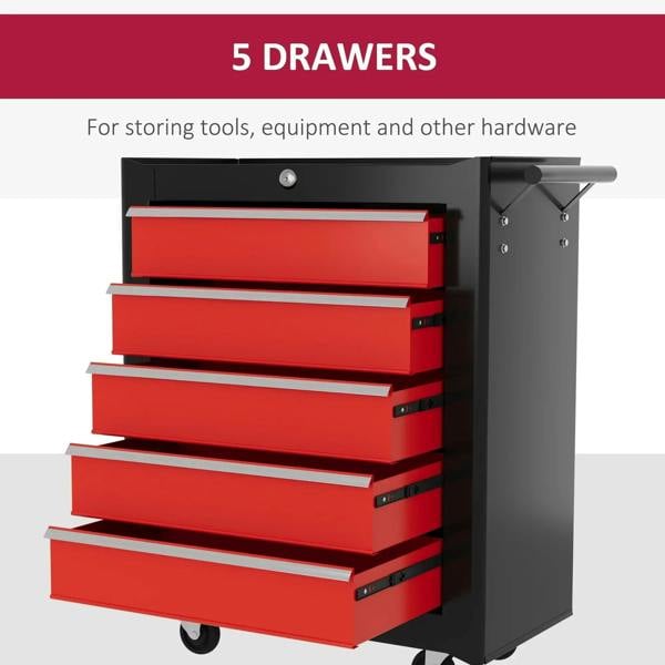 Red 5-drawer steel tool chest cabinet with side handle and open drawers
