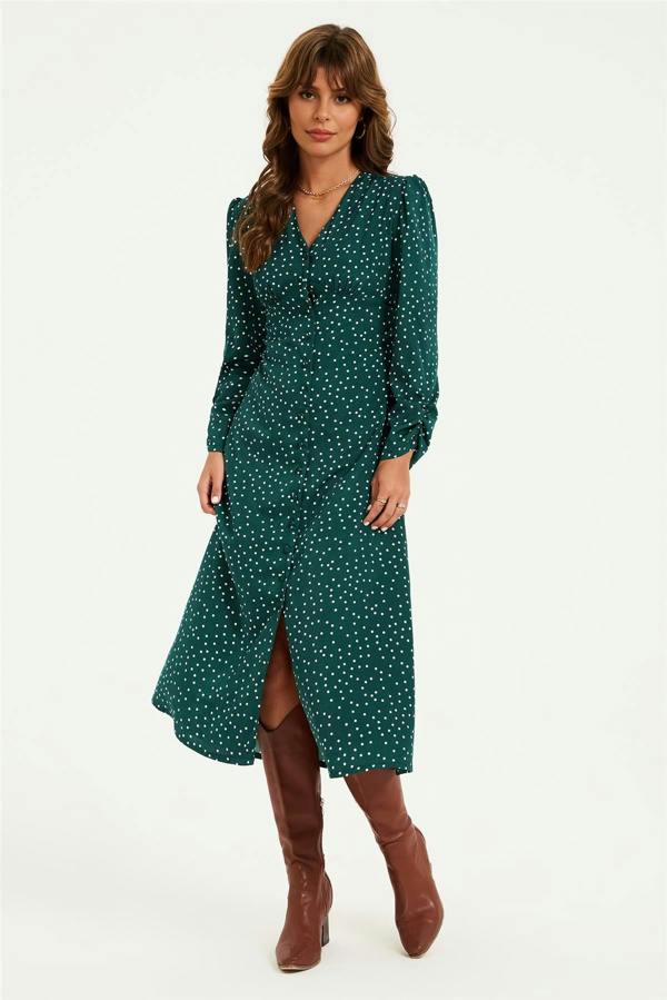 FS Collection Dot Print Long Sleeve Button Front Midi Dress In Green