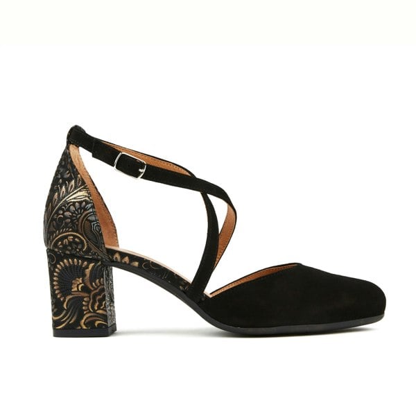 Embassy London Dannii - Gold Feathers - Women's 2.4 inch block heel closed toe leather sandal